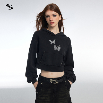 VoneSheeE超短蝴蝶水洗铆钉卫衣