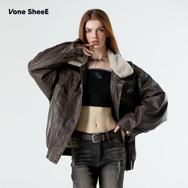 Vone SheeE 早秋冬美式复古仿皮草皮衣夹克外套深咖棕色宽松上衣