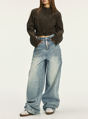 Vone SheeE 美式重工烫金阔腿牛仔裤女2026新款秋季通勤宽松裤子