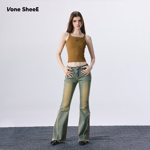 Vone SheeE美式复古窄版阔腿高腰微喇牛仔裤女2026年早秋女喇叭裤