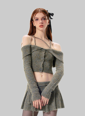 Vone SheeE 早秋辣妹芭蕾感修身短款挂脖一字肩上衣针织短裙套装