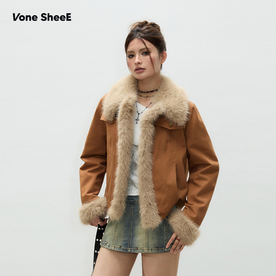 Vone SheeE 美式复古棕色牛仔毛毛外套秋冬新款宽松短款辣妹上衣