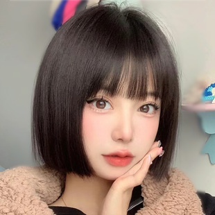假发全头套女真人发丝短发日常黑色自然全真方圆脸发套中分波波头