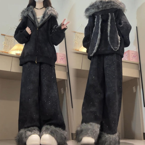 满天星毛绒兔耳连帽卫衣加厚套装