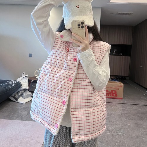 韩系格子羊羔绒马甲女外穿