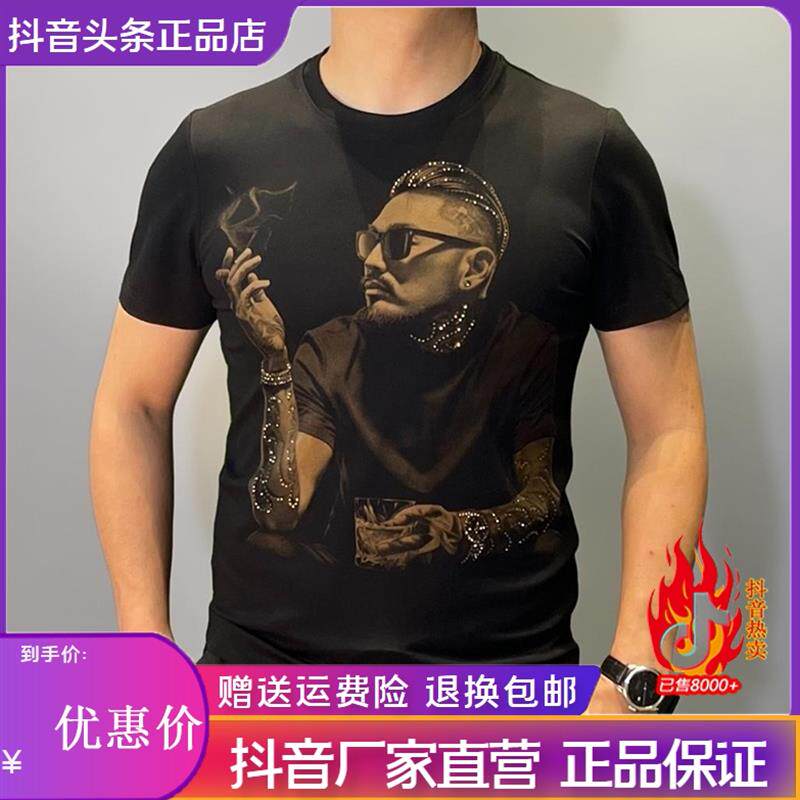 锋界服饰痞帅男人图像新款烫钻印花百搭男士轻奢夏季圆领短袖T恤