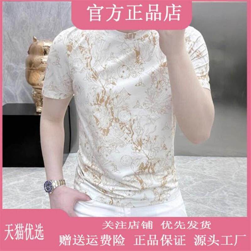 钞戈服饰冰丝欧潮牌质感短袖T恤男士百搭印花修身迷彩圆领半袖潮