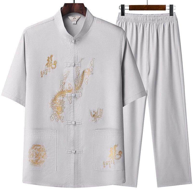 百特精品1唐装男中国风夏季短袖套装爷爷装太极汉服爸爸夏装