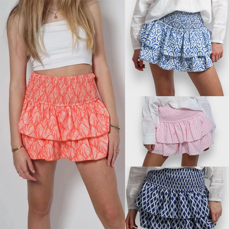 Printed elastic waisted short skirt 印花松紧带高腰宽松短裙女