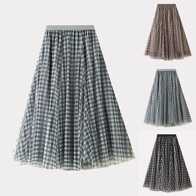 Plaid elastic waist loose mid length skirt格纹松紧腰中长裙女