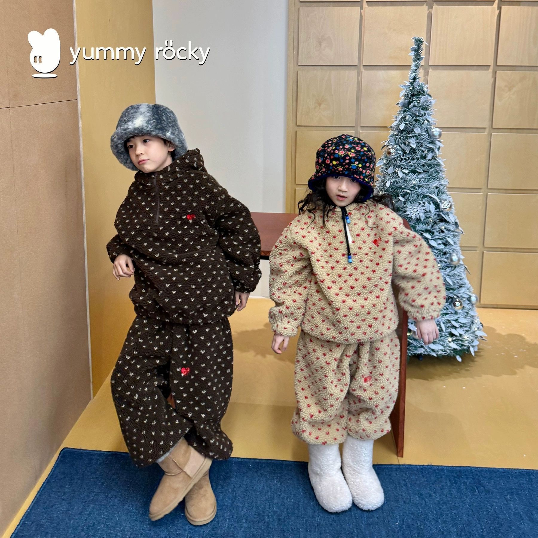 冬款男女童套装加绒超厚实提花羊羔毛连帽外套灯笼裤两件套无