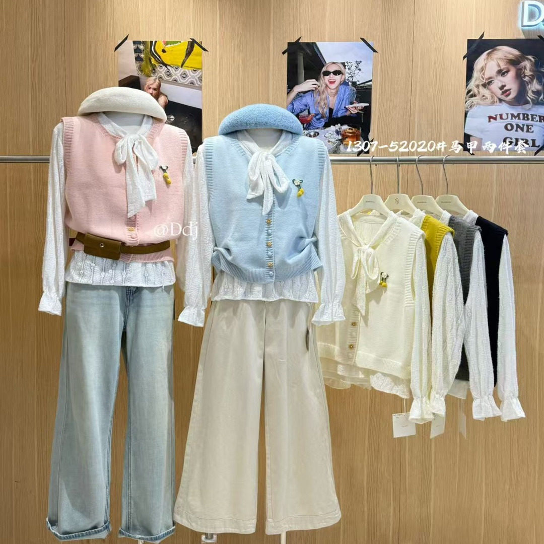 学院风蝴蝶结衬衫搭时尚彩扣针织马甲两件套女春甜美气质减龄上衣