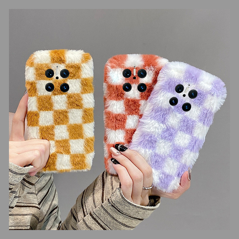 ins风撞色棋盘格适用华为mate70pro+手机壳meta60格子mata50e毛绒绒s保时捷设计mete40e十m30秋冬季20x保暖10