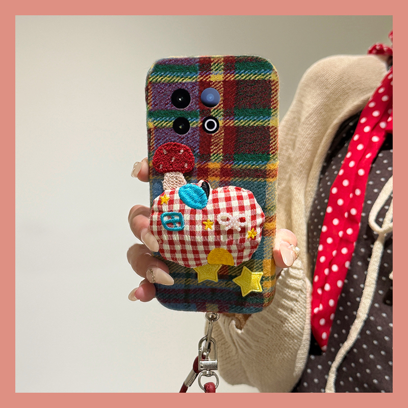 ins风彩色格子蘑菇适用vivoiqooz10x手机壳iqooz9turbo绒布z8x立体z7i秋冬季z6x毛绒z5/u5x爱酷u3x/iq00/vivo