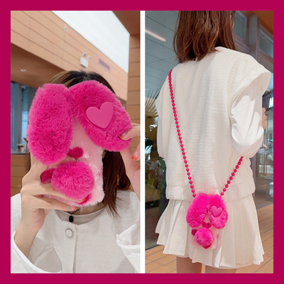 玫红爱心兔子耳朵适用vivos30promini手机壳s20斜挎s19pro可背s17t秋冬季s16e毛绒t1毛茸茸s15s12s10s9s7s1软