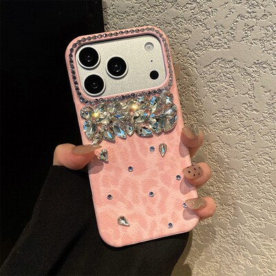 手机壳仿皮皮纹粉色豹纹立体奢华