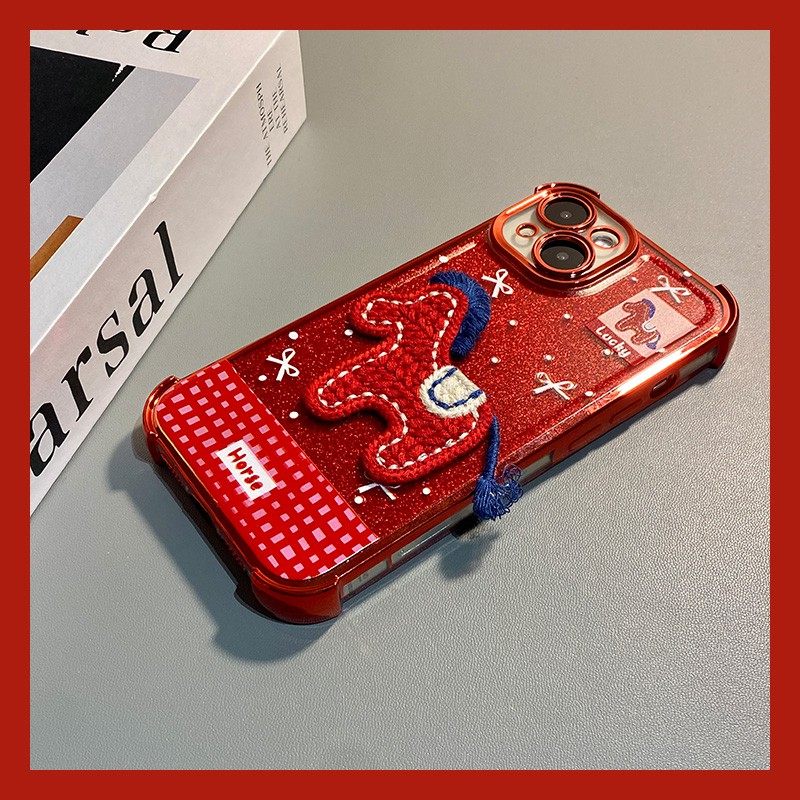 手机壳硅胶闪粉新年红色立体卡通