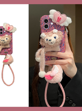 围巾达菲熊适用苹果iPhone16promax手机壳15plus立体14爱心13mini迷你1211挂绳xr8毛绒7xsmax6硅胶5s/se3秋冬