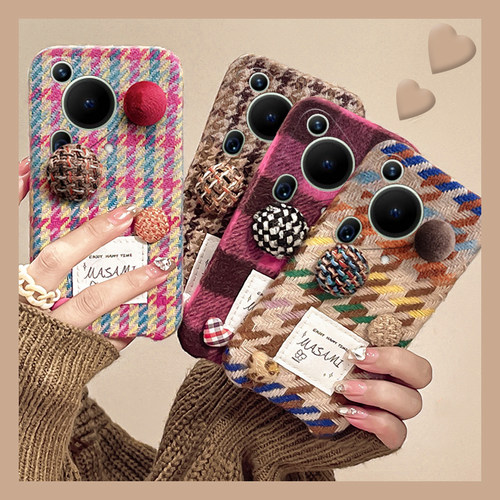 格子格纹适用华为pura70pro手机壳p60art日韩p50e立体p40por+十p30复古p20毛毛p10plus秋冬季p9硅胶毛绒绒女p