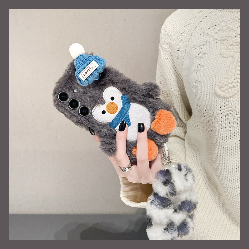 针织帽企鹅适用三星s24plus手机壳s23+十s22毛球s21fe挂链s20ultra毛绒绒s10卡通s9秋冬季s8硅胶note20galaxy