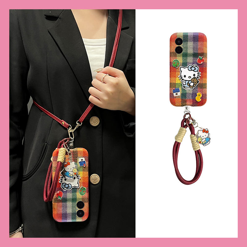 彩色格子凯蒂猫适用华为畅享70pro手机壳60x斜挎优畅享50plus可背带20se秋冬季0e畅想z毛绒9e毛茸茸5g麦芒9/2