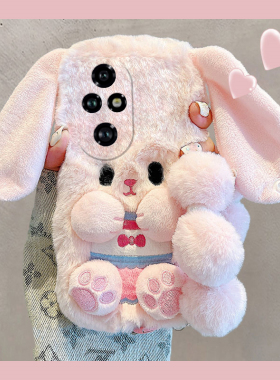 粉色兔子适用华为荣耀200lite手机壳honor100pro立体90gt耳朵80卡通70秋冬季60se毛绒绒v40i+x50十x40i硅胶女