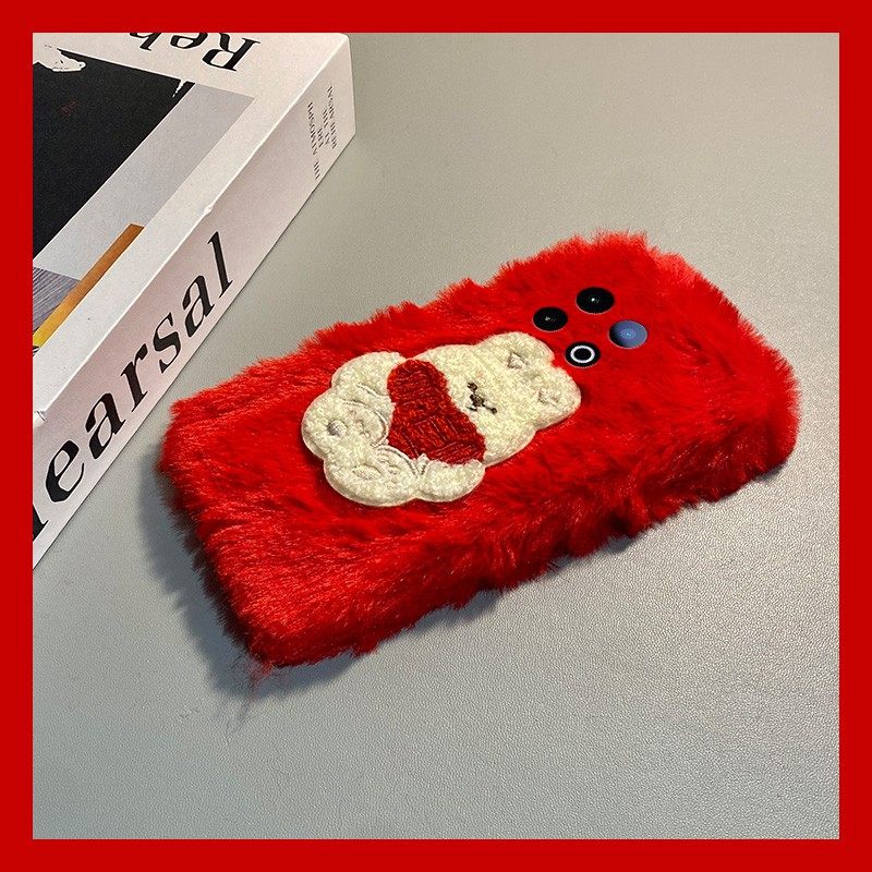 手机壳秋冬毛绒新年红色卡通刺绣