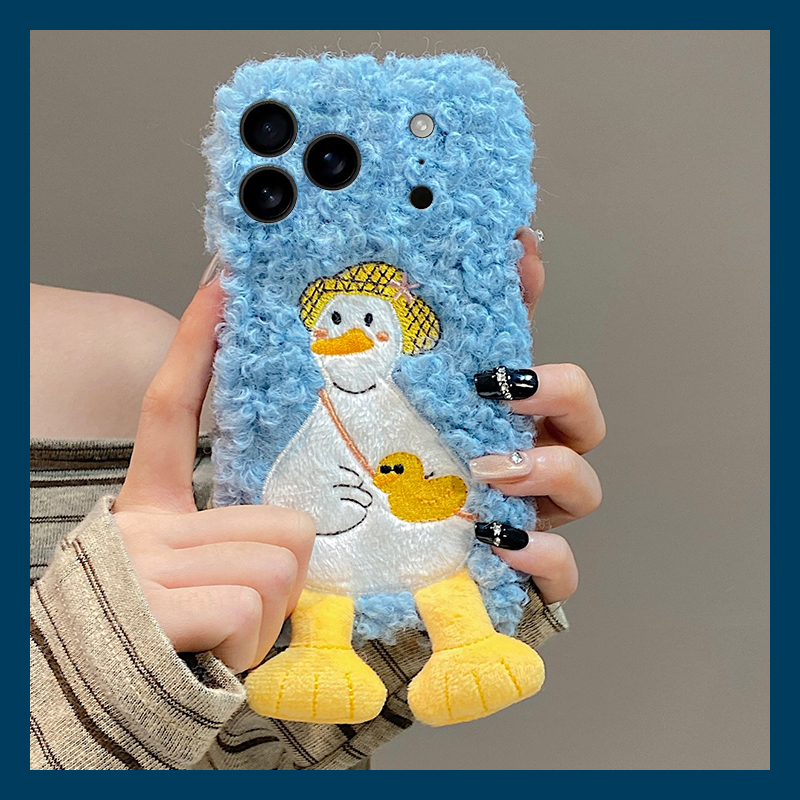 帽子鸭笑脸表情适用苹果17air手机壳iphone16promax呆萌15plus毛绒14秋冬季13mini迷你12卡通11软xr8/7xsmax6