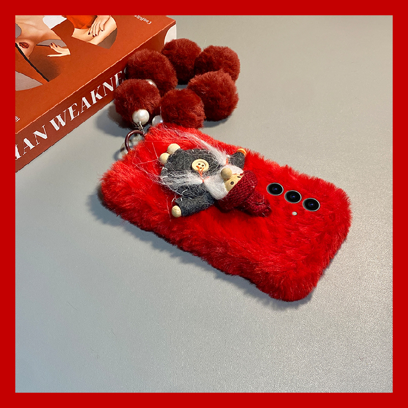 红色圣诞老人适用三星s25edge手机壳s24plus毛球s23+十s22挂链s21fe秋冬季s20ultra毛绒s10/s9/s8/note20卡通
