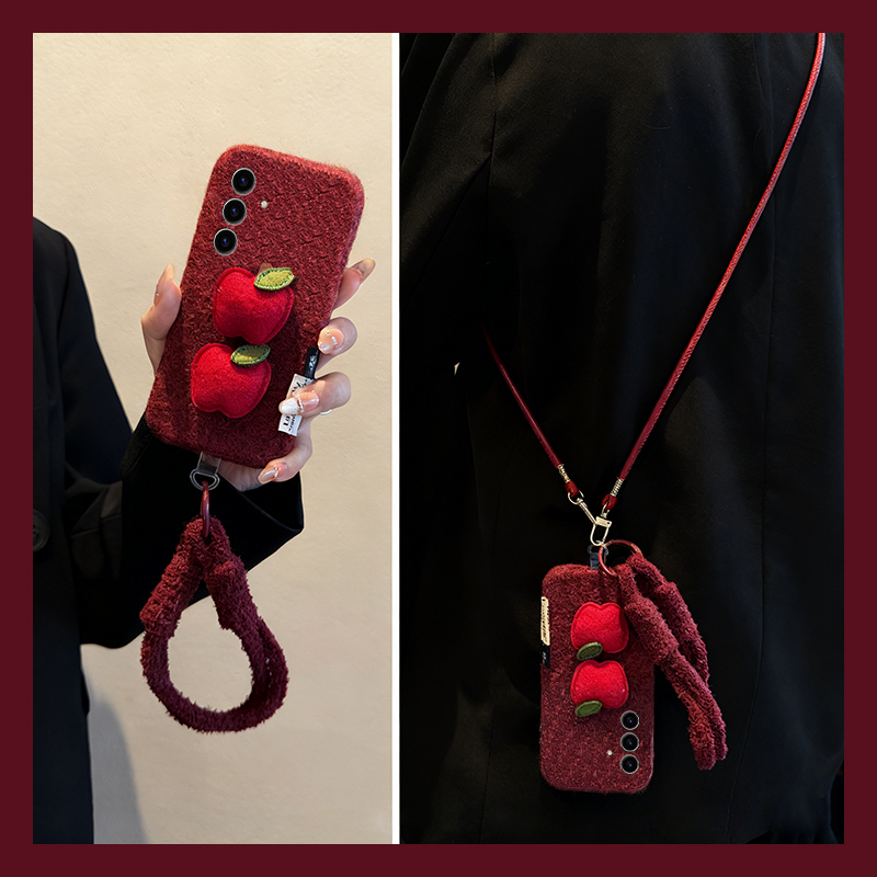 ins风红色苹果适用三星s25edge手机壳s24plus斜挎s23+十s22可背带s21fe秋冬s20ultra毛绒s10挂绳s9/s8/note20