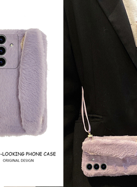 紫色手腕带适用三星s24plus手机壳s23+十s22斜挎s21fe可背s20ultra简约s10毛毛s9毛绒绒s8硅胶note20galaxy女