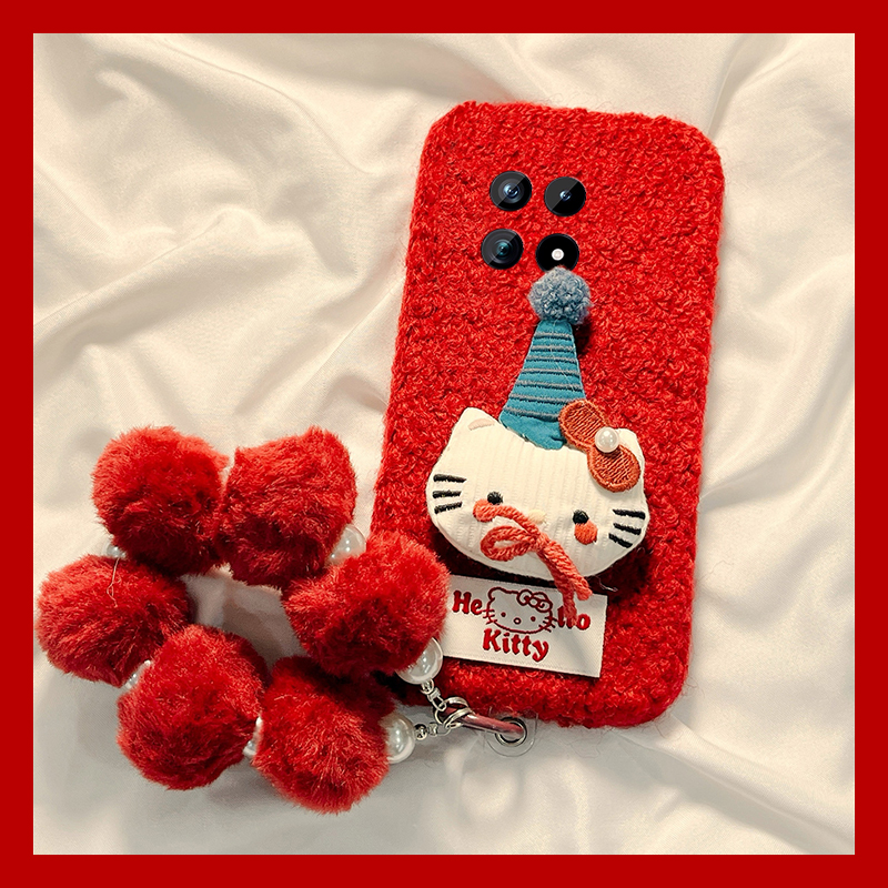 圣诞帽子kt猫适用vivoiqoo15手机壳iqoo13pro毛球12挂链11s秋冬季icoo10毛绒9卡通8毛茸茸7爱酷3可爱iq00红色