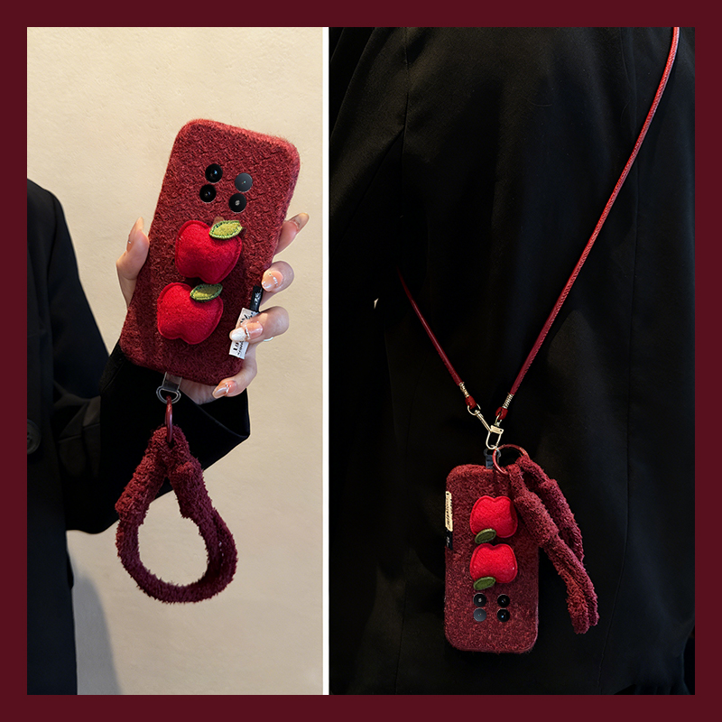 ins风红色苹果适用vivoxfold3pro手机壳xfold2斜挎xflip可背带vivo秋冬季vovo折叠屏毛茸茸vivi毛绒+十挂绳硬