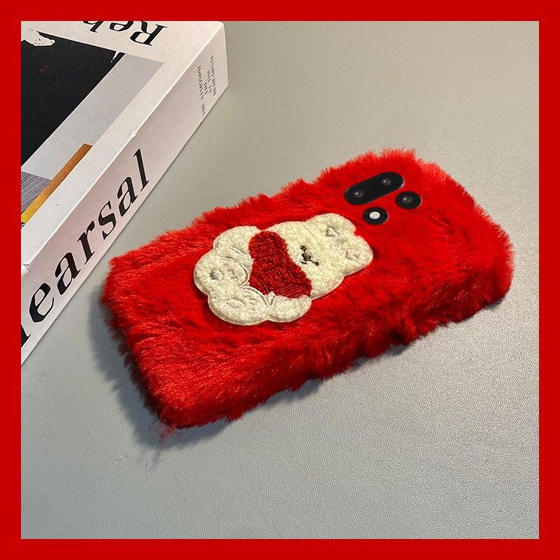 手机壳秋冬毛绒新年红色卡通刺绣