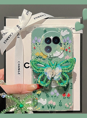 绿色花朵西高地适用vivoxfold3pro手机壳xfold2立体xflip蝴蝶vivo支架vovo折叠屏新款vivi挂链+十日韩透明硬