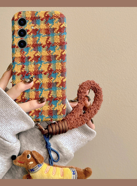 ins风彩色千鸟格适用三星s25edge手机壳s24plus腊肠狗s23+十s22挂绳s21fe秋冬s20ultra毛绒s10软s9/s8/note20