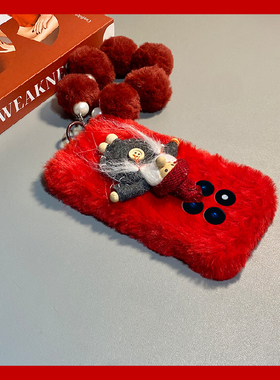 红色圣诞老人适用小米红米note15pro+手机壳noto14毛球13挂链12turbo+秋冬11t毛绒10毛茸茸9卡通8/7por立体软