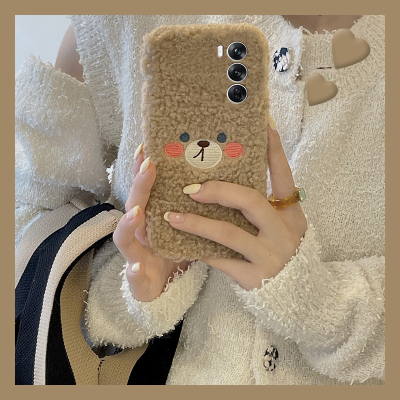 刺绣小熊适用opporeno12pro手机壳reno11棕色reon10+十9可爱8卡通7se毛毛6毛绒绒5k硅胶4se软壳3秋冬季oppo女