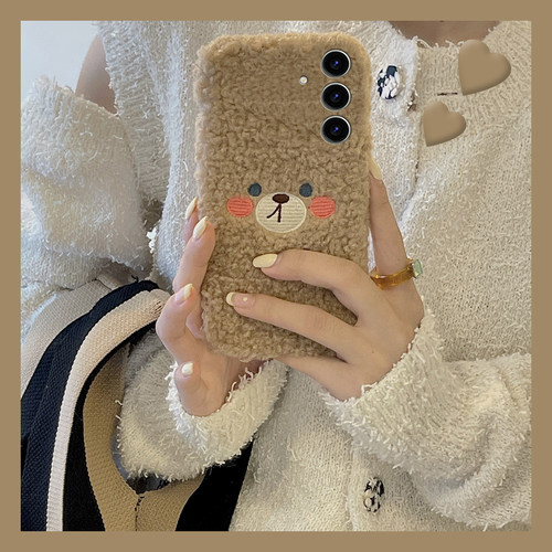 刺绣小熊适用三星s24plus手机壳s23+十s22棕色s21fe可爱s20ultra卡通s10毛毛s9毛绒绒s8硅胶note20galaxy秋冬