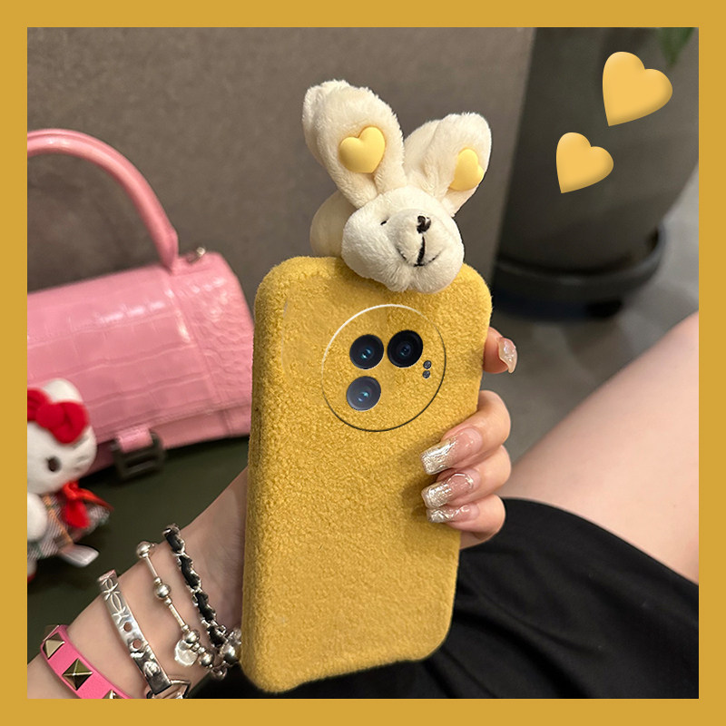 可爱兔子适用vivoxfold3pro手机壳xfold2立体xflip日韩vivo绒布vovo折叠屏毛毛vivi秋冬季+十硬壳毛绒绒黄色p