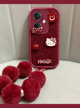 红色kt猫适用oppok11手机壳k10pro新年r17毛球r15挂链por立体0ppo毛绒opop可爱硅胶卡通喜庆手提冬天毛毛新款