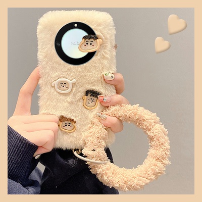 毛绒绒蜡笔小新适用华为荣耀x50手机壳50pro毛茸茸60se白色x50i秋冬v40轻奢版honor可爱por带手环绒毛卡通女