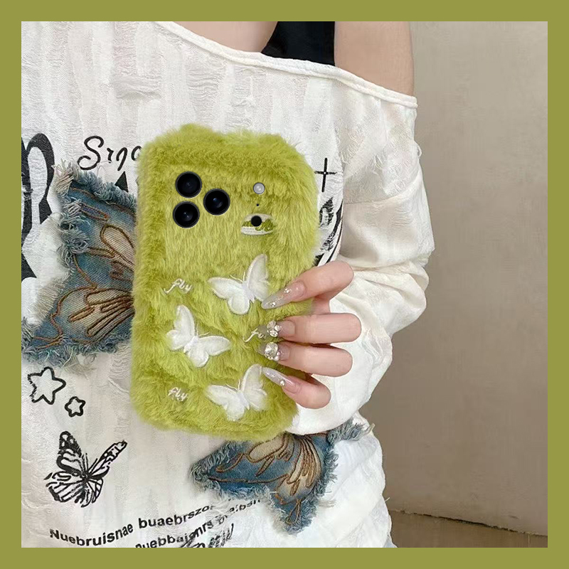 ins风绿色蝴蝶适用苹果17air手机壳iphone16promax刺绣15plus保暖14秋冬13mini迷你12毛绒11冬天xr8软7xsmax6