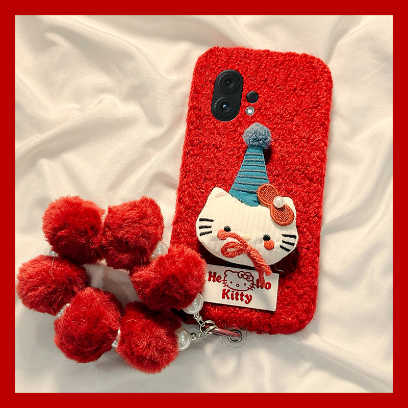 圣诞帽子kt猫适用vivos30promini手机壳s20毛球s19pro挂链s17t秋冬季s16e毛绒t1卡通s15s12s10s9s7s1可爱红色