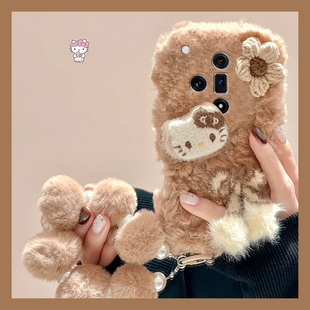 花朵凯蒂猫适用oppofindx8手机壳真我x50pro卡通k12x挂链x7秋冬季realme可爱findx6pro毛绒ultra立体x5/x3软p