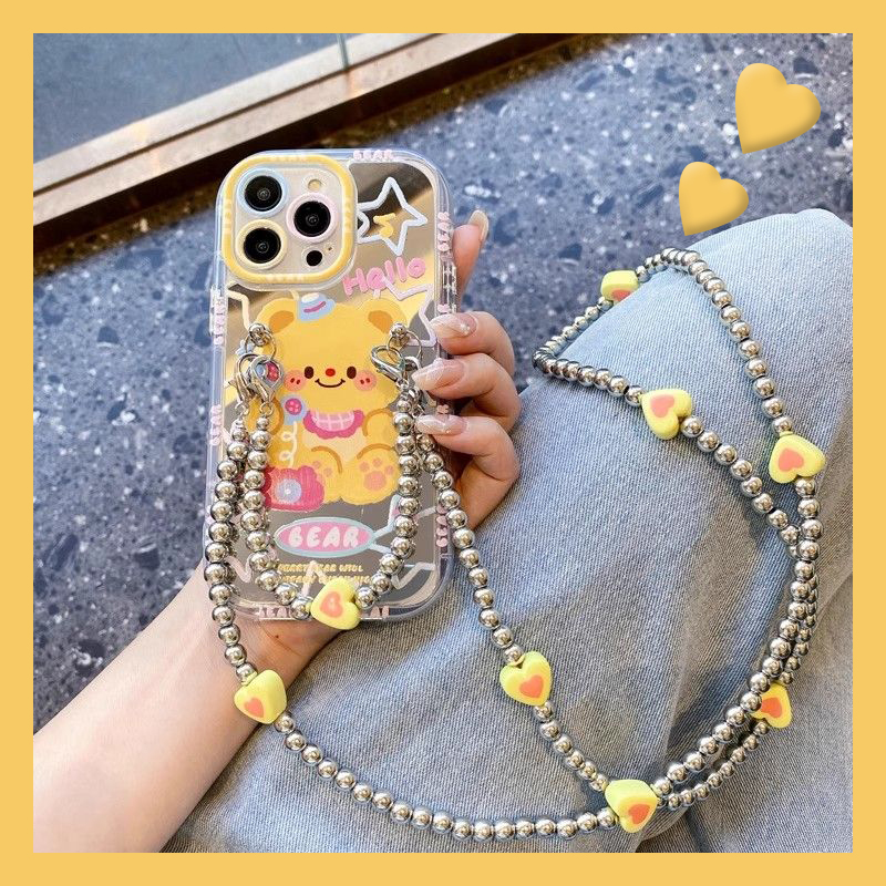 可爱小熊适用苹果iphone15promax手机壳14plus镜面13mini镜子12pm日韩11por斜挎8xsmax7可背带x6xr/se2/3硅胶