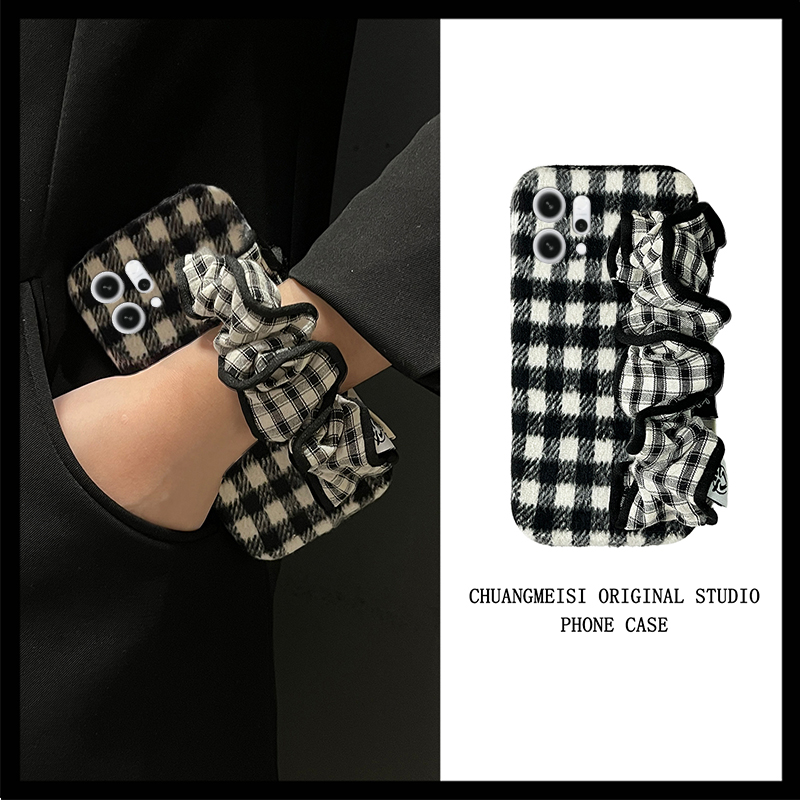 棋盘格褶皱腕带适用opporeno14手机壳reon13斜挎12pro可背11秋冬季10por+十9毛绒7se毛茸茸5k简约4se挂绳oppo