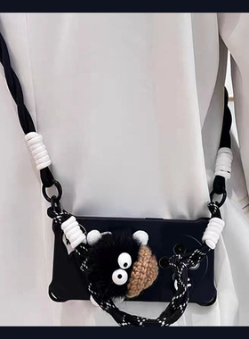 黑色煤球公仔适用vivoy300pro手机壳y200i秋冬y100t日韩y78+立体y77e斜挎y76s可背y51防摔y35m硅胶y33s十vivo