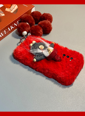 红色圣诞老人适用三星a90手机壳a80毛球a70s挂链a50秋冬季a30毛绒a20毛茸茸a10卡通a52/a8s/galaxy/a53/f52软