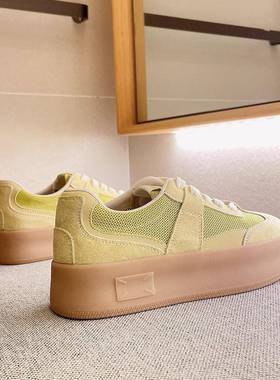 法国GPE 黄色真皮网面厚底板鞋女2025夏新款休闲牛筋底德训小白鞋